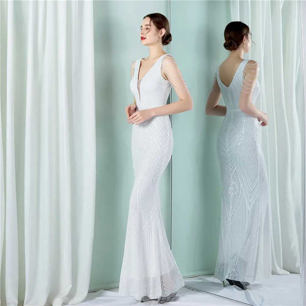 Runway Dresses Yidingzs Women White Beading Dress Long Prom Dress DP V Neck Sequin Evening Dress Sexig Party Maxi Dress Y240426