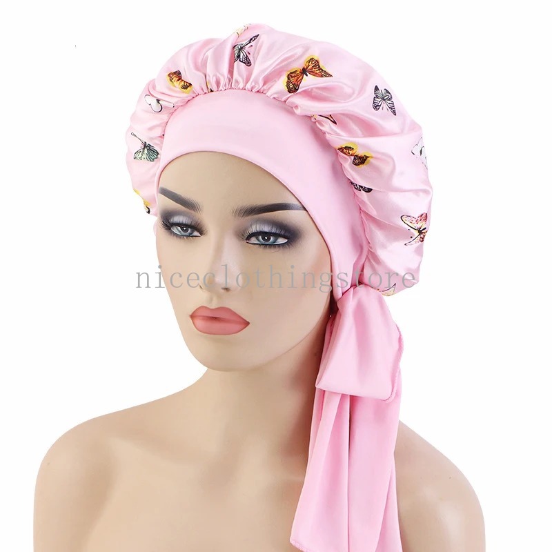 نساء ساتان طباعة قبعة نوم قبعة نوم ليلة طويلة الشريط العناية بالشعر بونيه Nightcap Chemo Chemo Caps و Head Dancf Wrap Turban