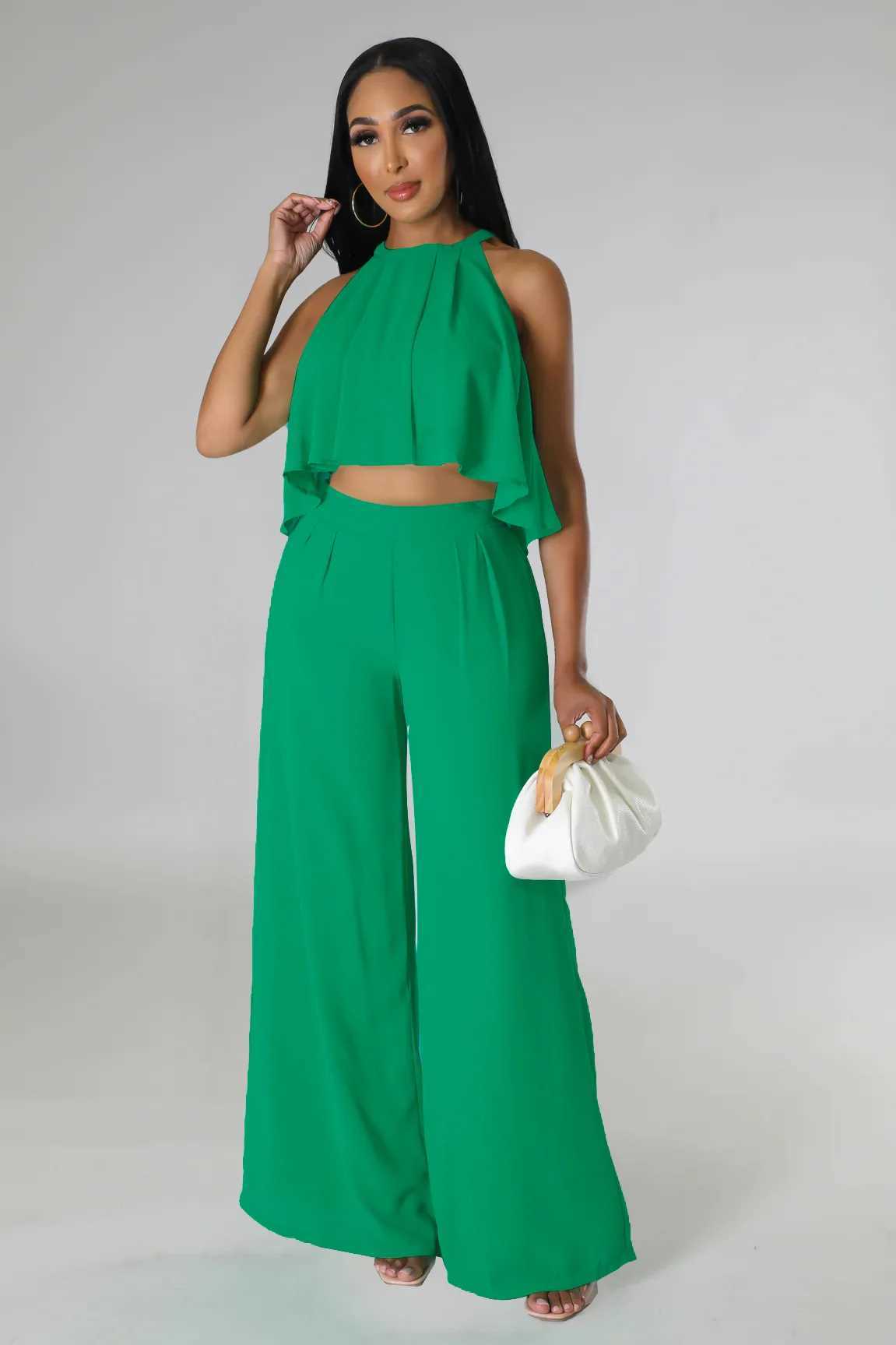 Women's Two Piece Pants Summer Fashion Chiffon Two Piece Set Women Causal Beach Style Halter Slveless Top Wide Leg Pants Two Piece Set Women Y240426