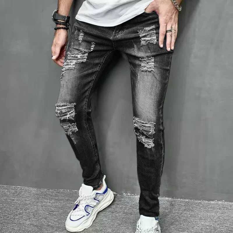 Men's Jeans New Tear Solid Color Tight Jeans Mens Elastic Small Foot Hole Motorcycle Denim Trousers Mens Street ClothingL2404