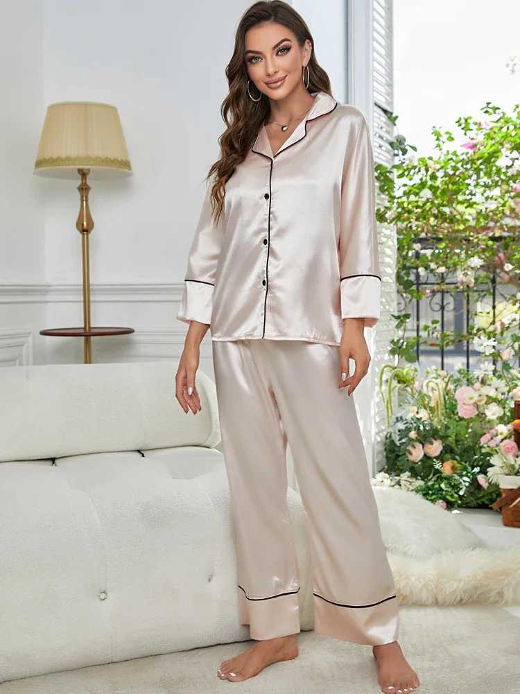 Women's Sleepwear Silk Satin Womens Pajamas Set Long Slve Notched Collar Top Wide Long Pants Slpwear Female Nightwear Lounger Y240426