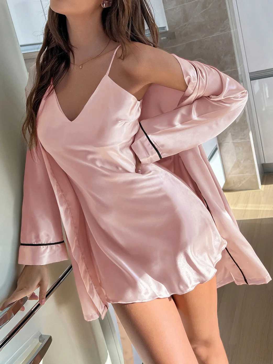 Women's Sleepwear Casual Solid Satin Pajama Set Long Slve Open Front Robe Round Neck Slip Dress Womens Slpwear Loungewear Y240426