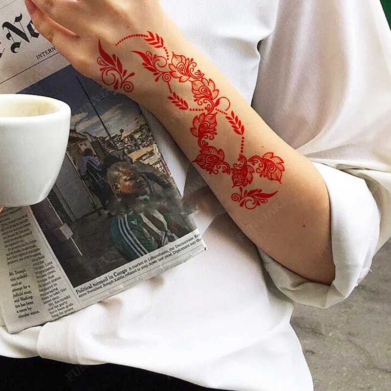 Tatuaż Transfer Nowy projekt Czerwony Henna Tatuaż Naklejki na rękę Kwiat Tymczasowe tatuaże do Woomen Wedding Party Fake Tattoo Waterproof 240427