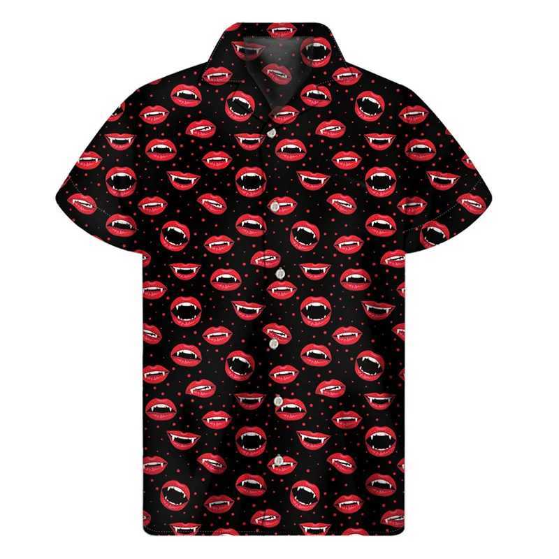 Men's Casual Shirts Fashion Red Lips 3d Printed Shirt Men Women Summer Vacation Loose Short Sleeves Hawaiian Tee Shirts Button Lapel Aloha Blouse 240424