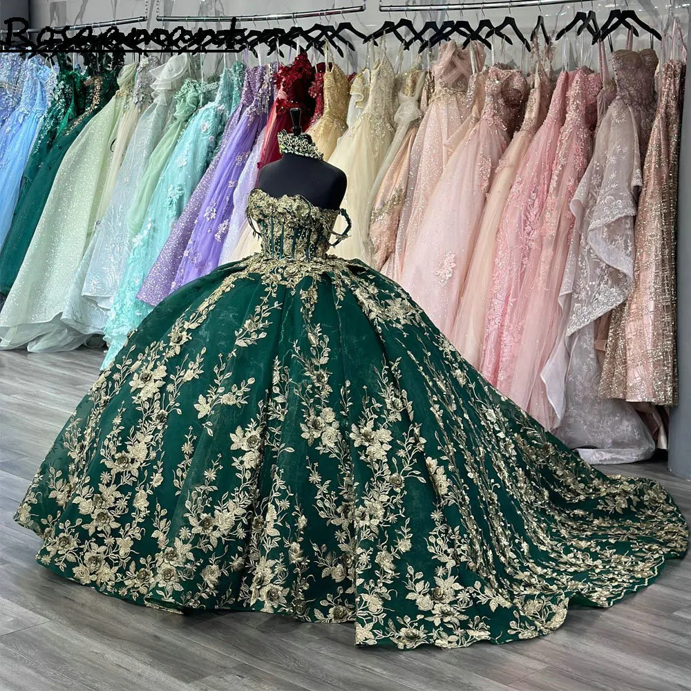 Green émeraude au large de la robe de bal épaule Quinceanera robes appliques florales dorées vestidos corset de 15 anos