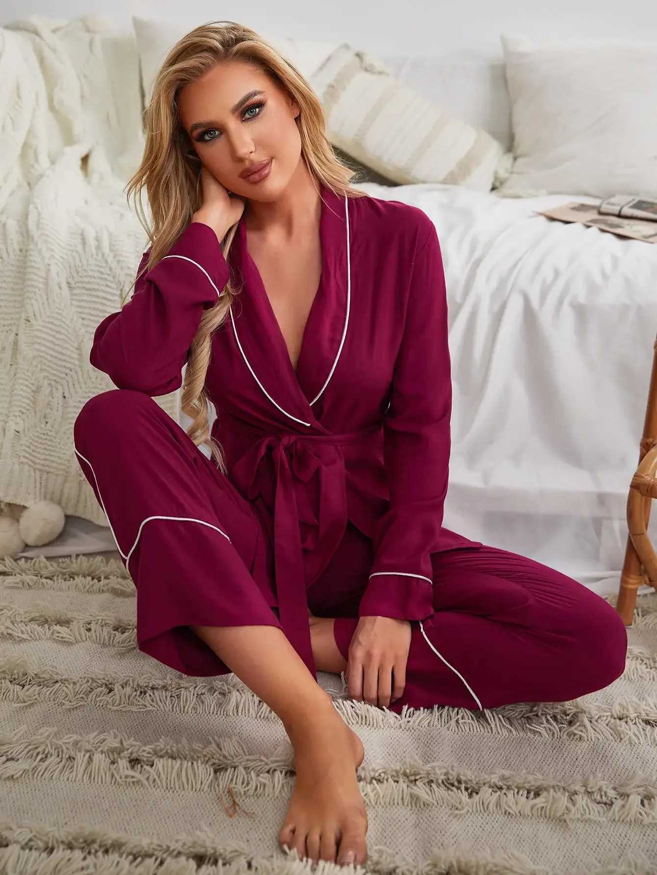 Women's Sleepwear Solid Women Pajama Set Wrap V Neck Long Slves Waist Belt Top Long Pants Slpwear Female Nightwear Homwear Cloth Y240426
