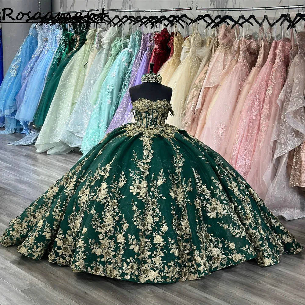 Green émeraude au large de la robe de bal épaule Quinceanera robes appliques florales dorées vestidos corset de 15 anos