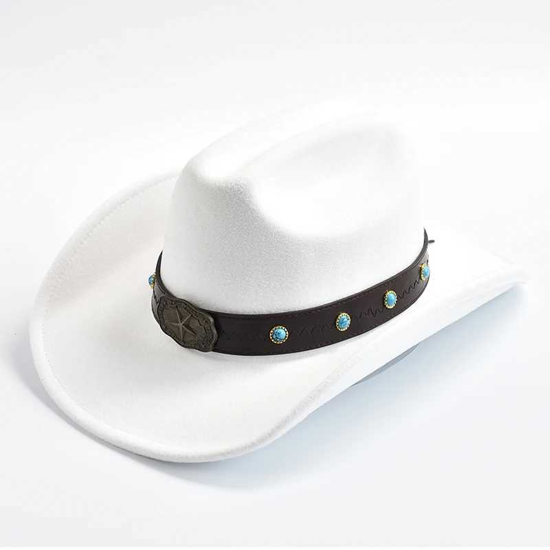 Breda brimhattar hink hattar nya vintage western cowboy hatt för herrkvinnor rulla grim lady cowgirl jazzhatt med läder cloche kyrka sombrero hombre kepsar y240425