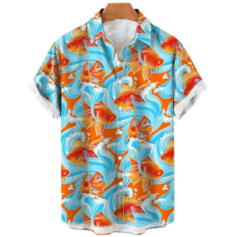 Camicie casual maschile koi stampato camicie estive da uomo abbottonate fortunato camicie da spiaggia hawaian harajuku moda oversize unisex vestiti unisex 240424