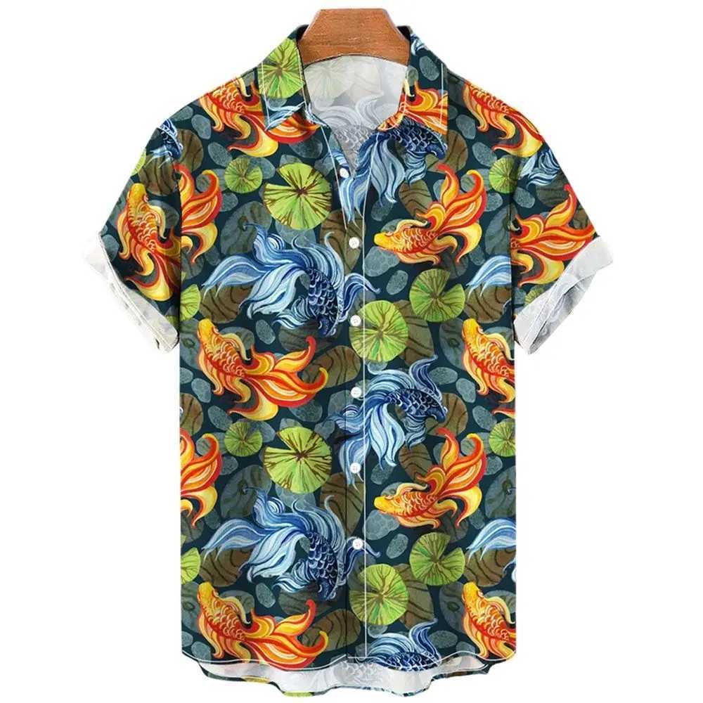 Erkekler Sıradan Gömlek Koi Baskılı Yaz Gömlekleri Erkek Düğme Şanslı Hawaii Plaj Gömlekleri Moda Büyük Boy Unisex Giysileri 240424