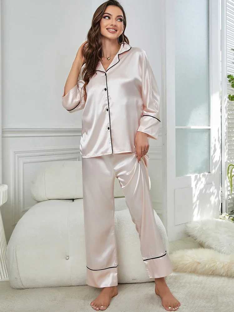 Women's Sleepwear Silk Satin Womens Pajamas Set Long Slve Notched Collar Top Wide Long Pants Slpwear Female Nightwear Lounger Y240426