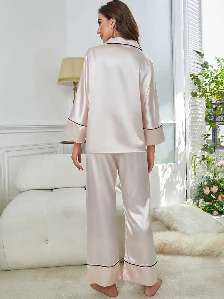 Women's Sleepwear Silk Satin Womens Pajamas Set Long Slve Notched Collar Top Wide Long Pants Slpwear Female Nightwear Lounger Y240426