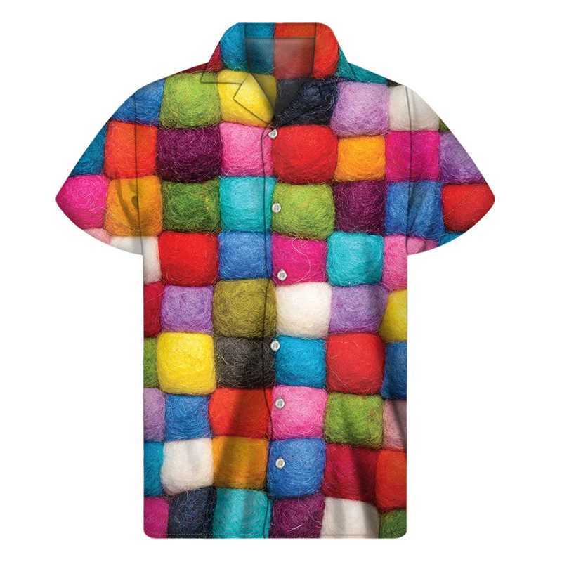 Qixn Мужские повседневные рубашки красочные шерстяные пряжи 3D -рубашка для мужчин женщины летние каникулы свободные короткие рукава гавайские рубашки кнопка кнопка алока алоха блузка 240424