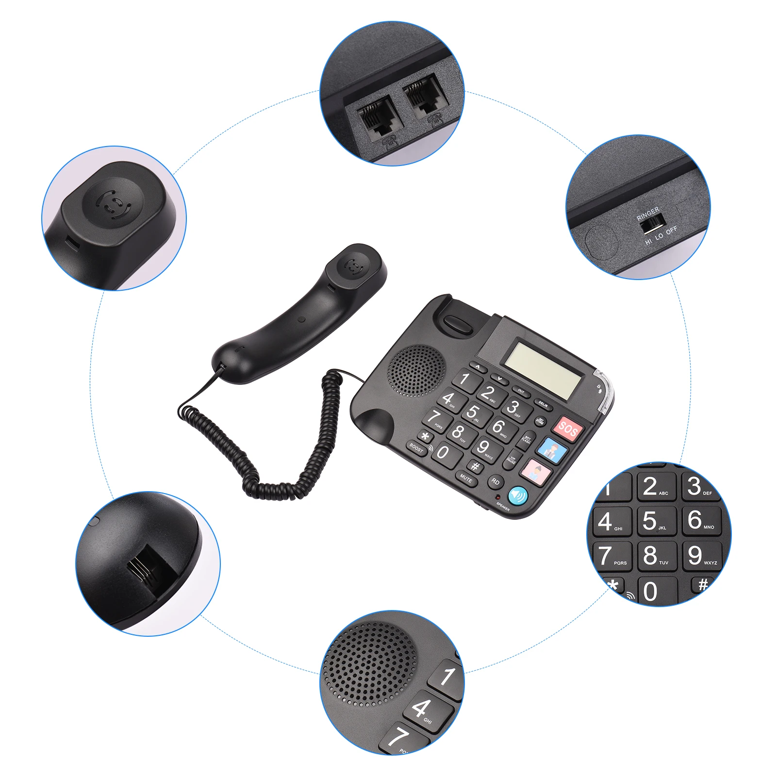 Accessoires Téléphone bordé noir avec gros bouton Desk Landline Téléphone Téléphone Prise en charge des mains et Redial / Flash / Speed Dial / Ring Volume Control