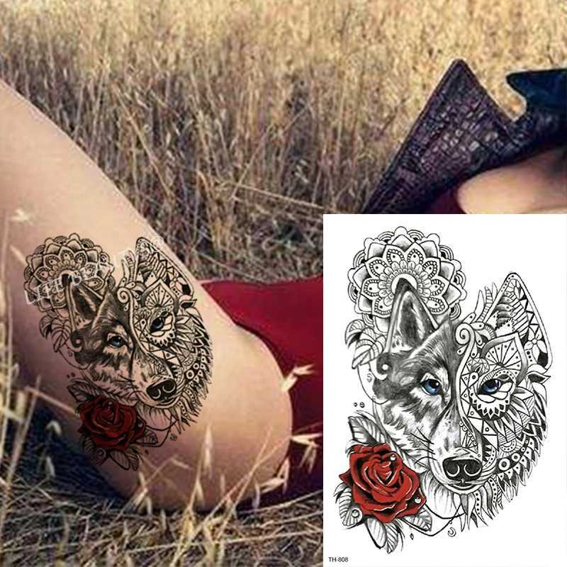 Tattoo Transfer Snake Flower Scorpion Rose Fox Wolf Waterproof Temporary Tattoo Sticker Tiger Women Djur Flash Black Body Art Fake Sleeve 240426