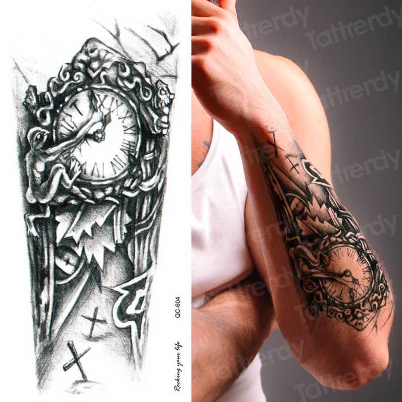 Tatueringsöverföring svart stilig 3d nya mans halv ärm arm tillfällig totem tatuering klistermärken mekaniska kroppskonst tatoos för pojkar mens armband 240427