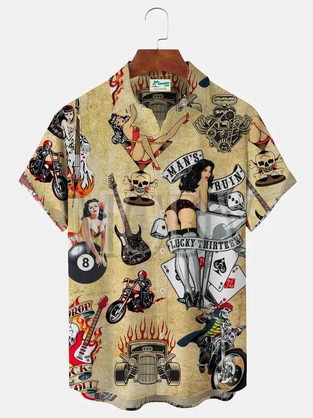 Camicie casual maschile Royaura Vintage Skull Pins Up Girl Rockabilly Dice Flame dadi stampati Aloha Oversaes Aloha Aloha Shirt senza rughe Summer Tops 240424