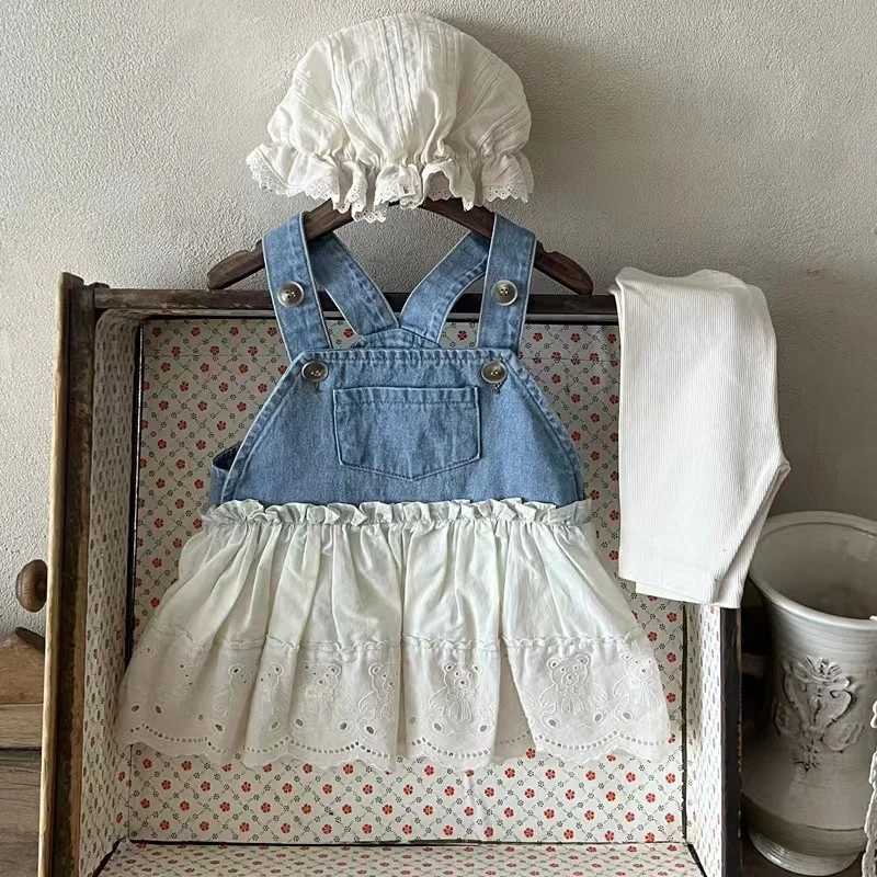 Vestidos de menina Novo vestido de bebê de verão jeans+renda branca estitng vestido de urso fofo infantil fora de roupa h240426