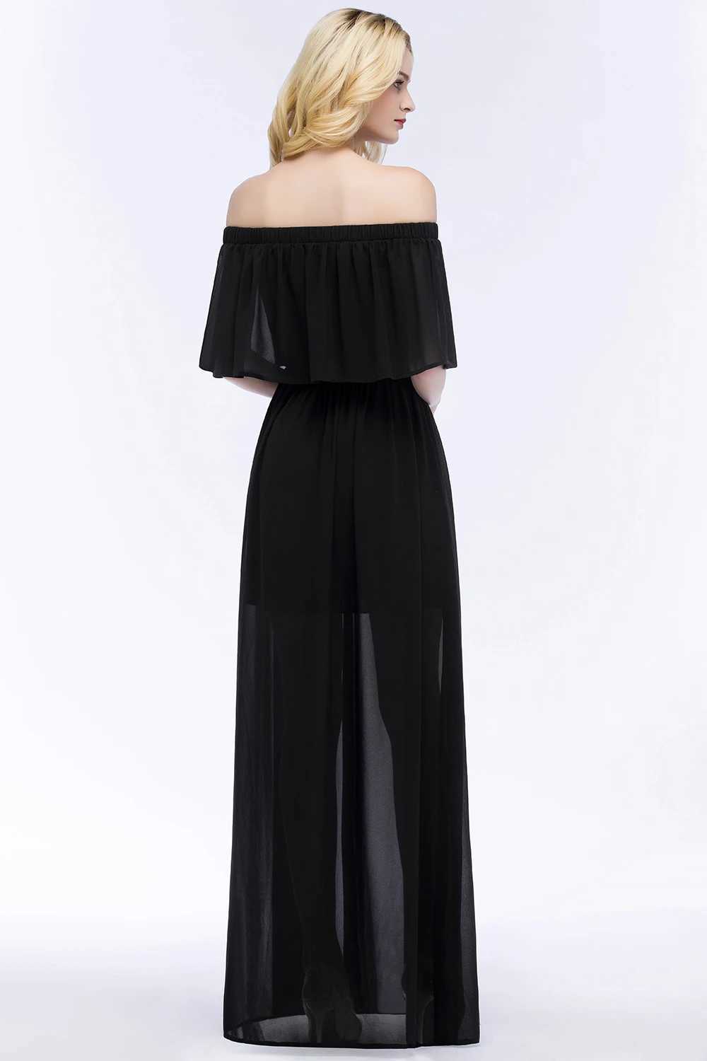 Runway Dresses Black Summer Simple Chiffon Prom Dress Off Shoulder Neckline Side Slit Long Maxi Skirt Floor Length A-line Gown Robe de Soire Y240426