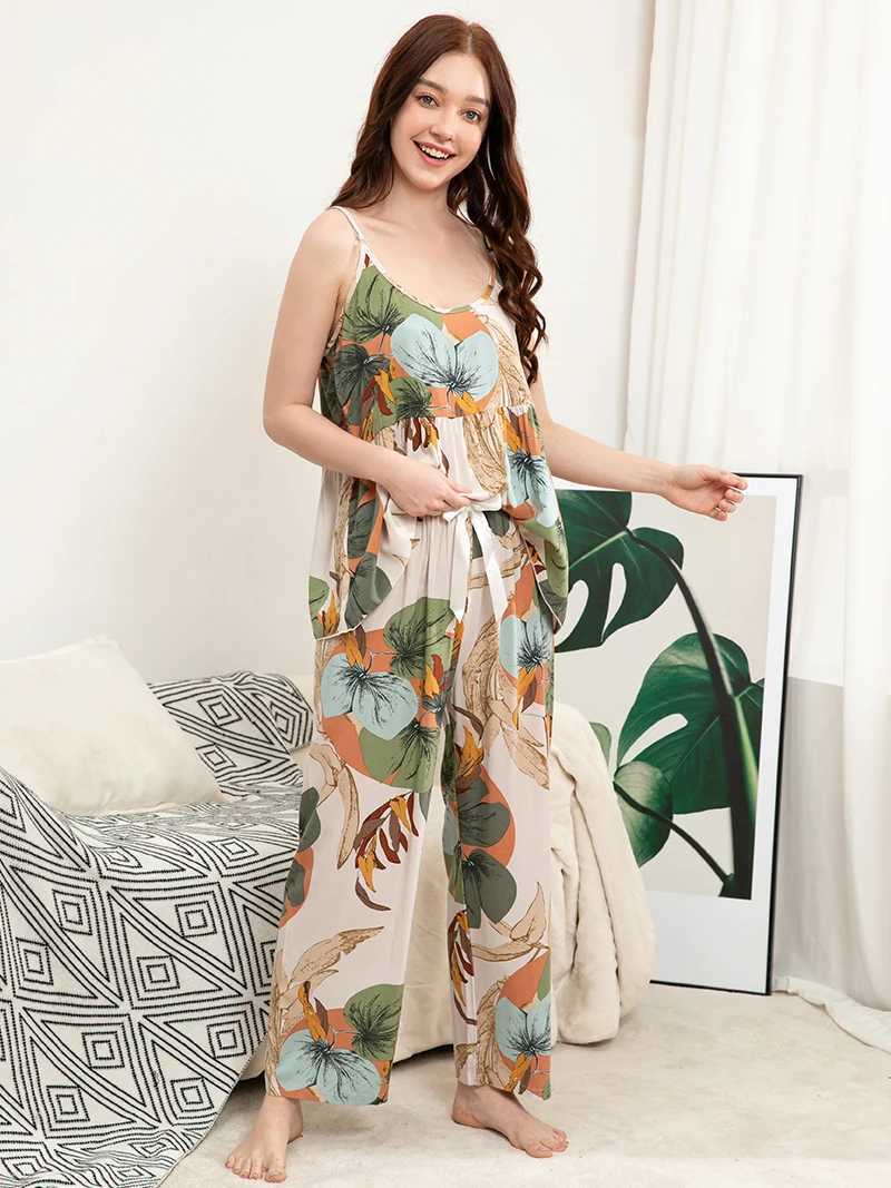 Women's Sleepwear Spring Autumn Plus Size S-XXXL Viscose Floral Printed Women Slpwear Ladies Loose Thin Homewear Thr-piece Pajamas Set Y240426