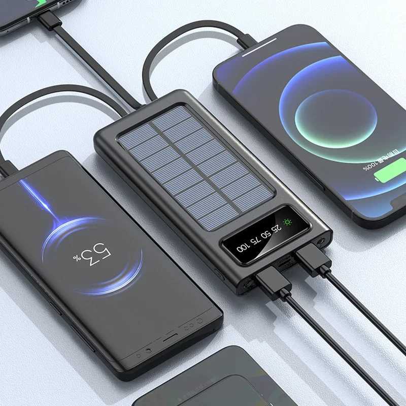 Cell Phone Power Banks 200000 mAh super solar waterproof power pack with built-in cable solar charger port external charger power pack suitable for new iPhone 240424