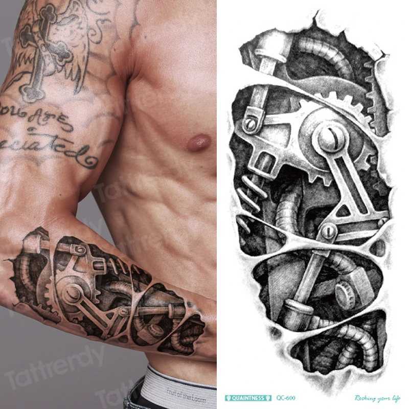 Tatueringsöverföring svart stilig 3d nya mans halv ärm arm tillfällig totem tatuering klistermärken mekaniska kroppskonst tatoos för pojkar mens armband 240427