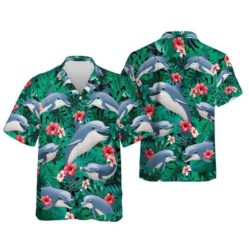 1WE1 Men's Casual Shirts Harajuku Fashion Dolphin Graphic Shirts For Men Clothes Casual Hawaiian Beach Shirt Aloha Cartoon Ocean Animal Blouses Lapel Top 240424