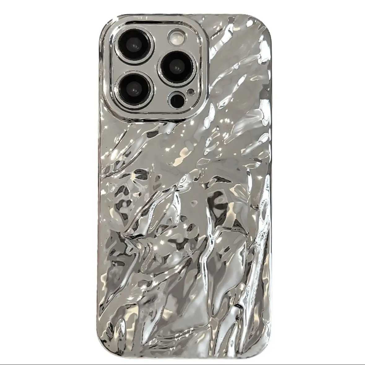Études de téléphone portable 3D Foil en papier d'aluminium Gris Silver Case de téléphone plissé pour iPhone 15 14 13 12 11 Pro Max Prévention de la Format Fashion Fashion Protecowecover J240426
