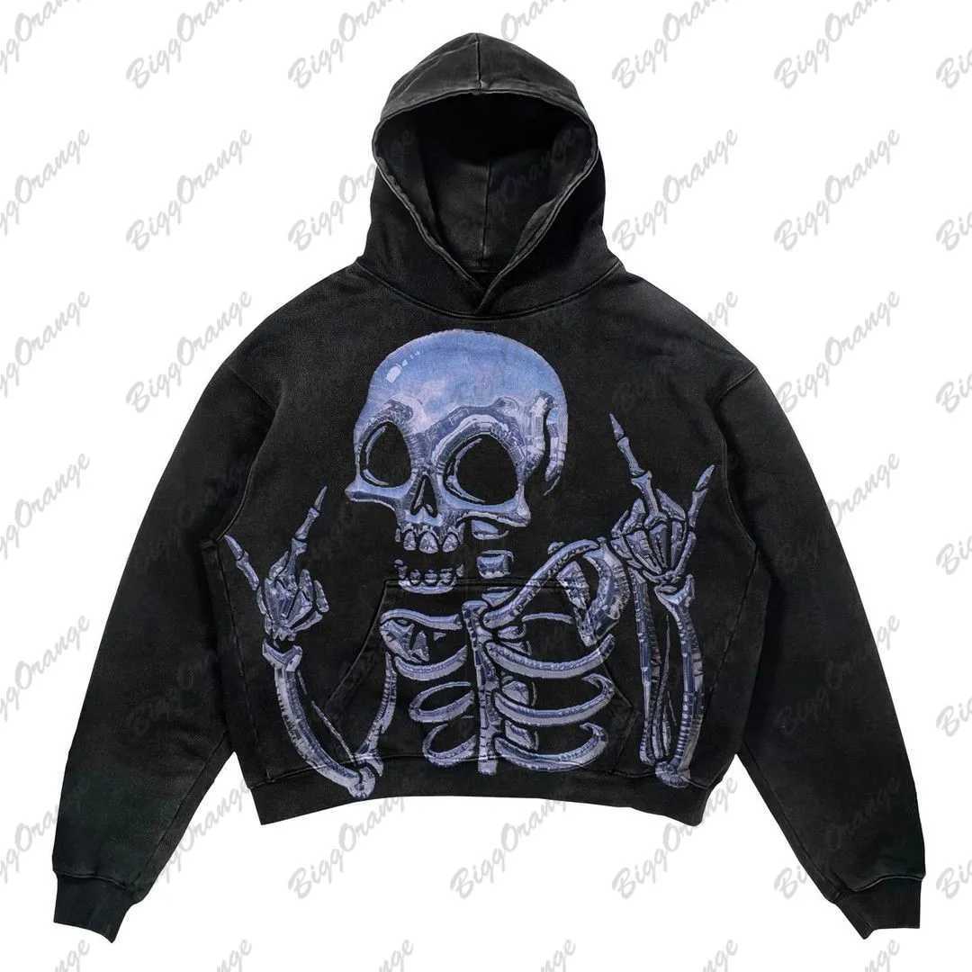 Herren Hoodies Sweatshirts Y2k New Dark Oversize Hoodie Skull Print High Strt Hip-Hop Retro-Design-Mantel verdickte obere Sudaderas Para Mujer Harajuku H240425