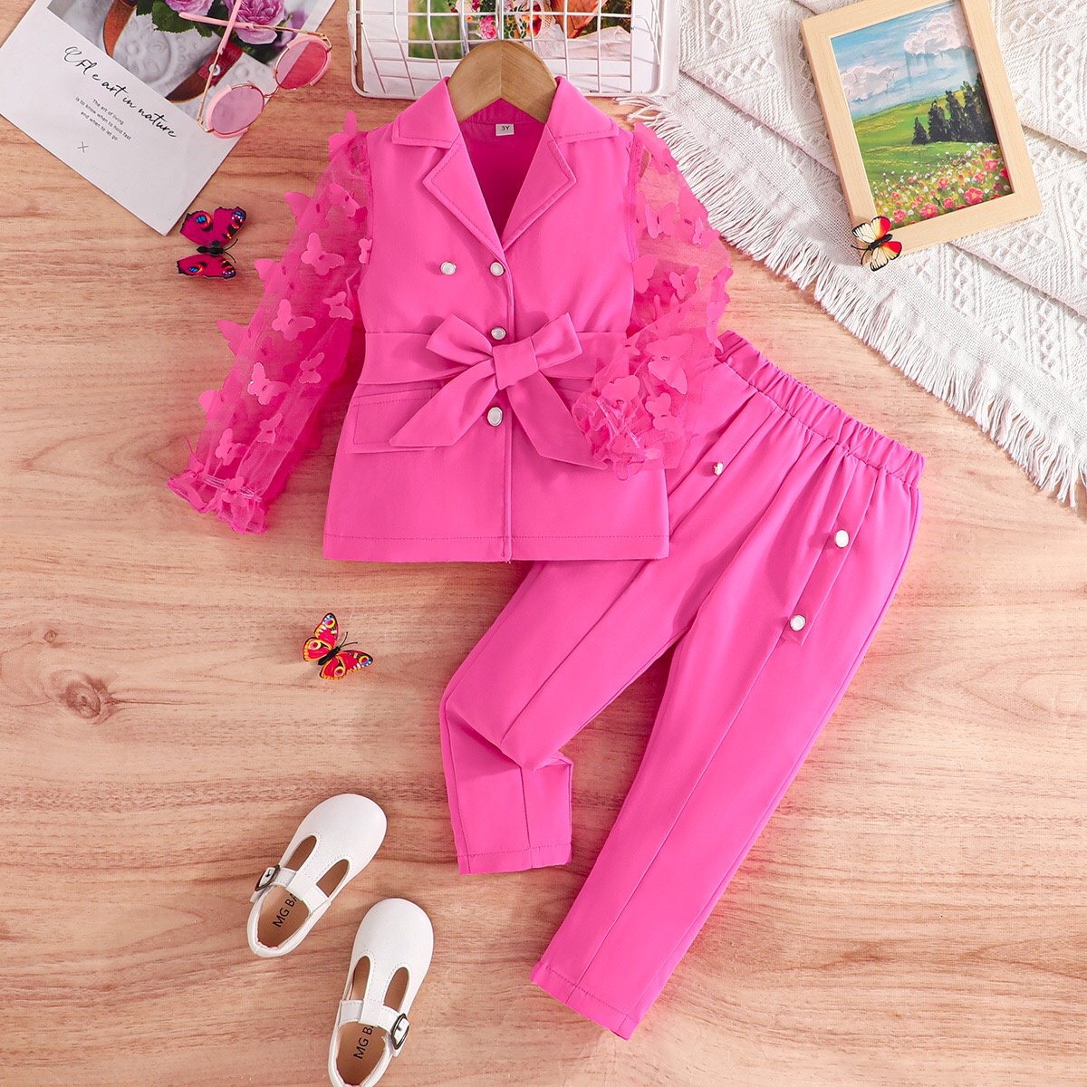 2024 Autumn and winter new girls' children long sleeve bow mesh sleeves suit jacket trousers two-piece set