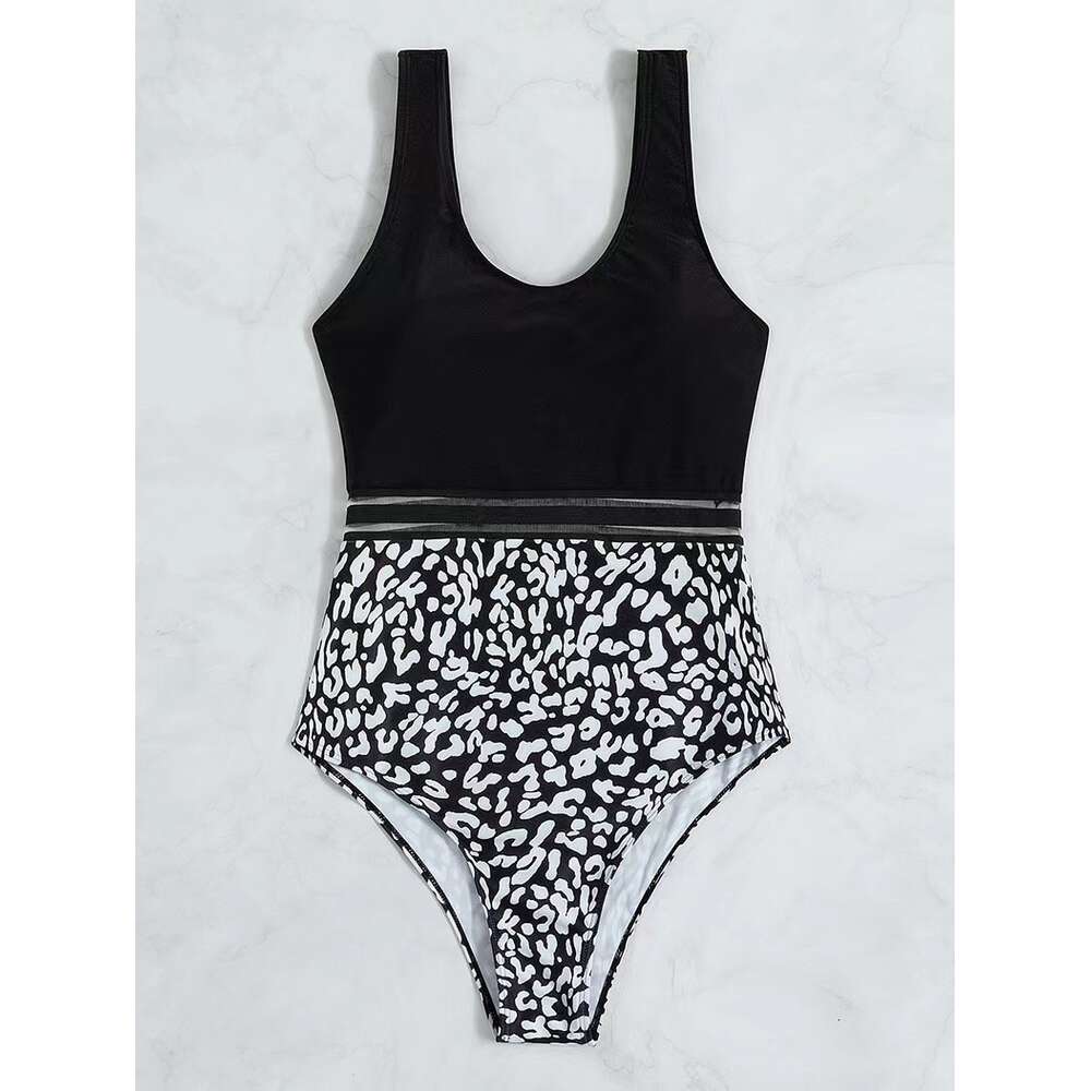 Nuevo traje de baño de la playa elástica de la cintura alta para mujeres con mono triangular conservador estampado de leopardo para mujeres