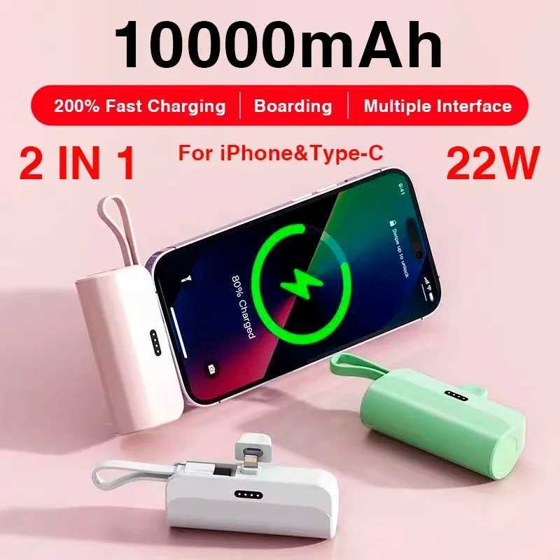 Twok mobiltelefon Power Banks 2-i-1 Mini Portable 10000mAh extern batteriplugg Play Pack Pack C-typ Fast och effektiv laddare 240424