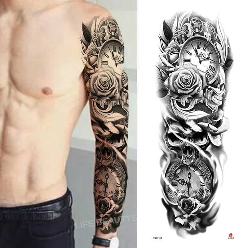 Transfert de tatouage grand manche de bras tatouage Lion Crown King Rose Autropage d'autocollant temporaire Wild Wolf Tiger Full Skull Totem Tatoo 240426