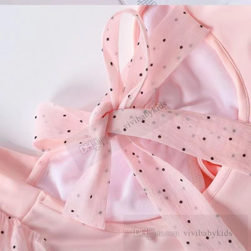 Girls one-piece swimsuits children polka dots puff sleeve princess Swimwear Kids pearls Bows beach bathing suits Z7903