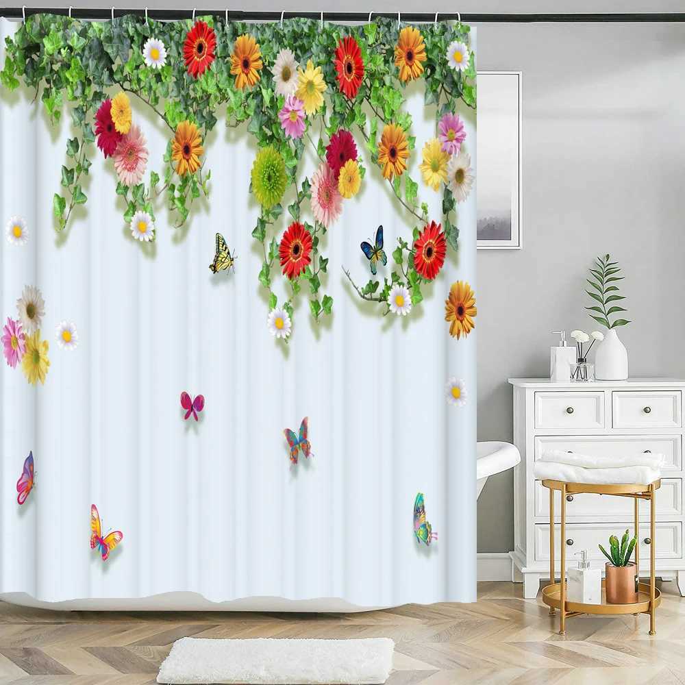 Shower Curtains Plant butterfly flowers shower curtain waterproof polyester fabric bath curtain floral home decor curtains for bathroom