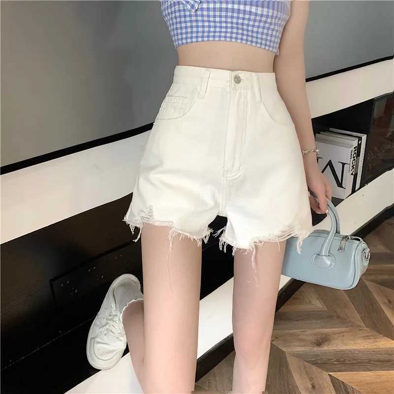 Women's Shorts Summer denim shorts for women Korean fashion tear hole high waisted shorts for women casual long leg shorts for women Y240425