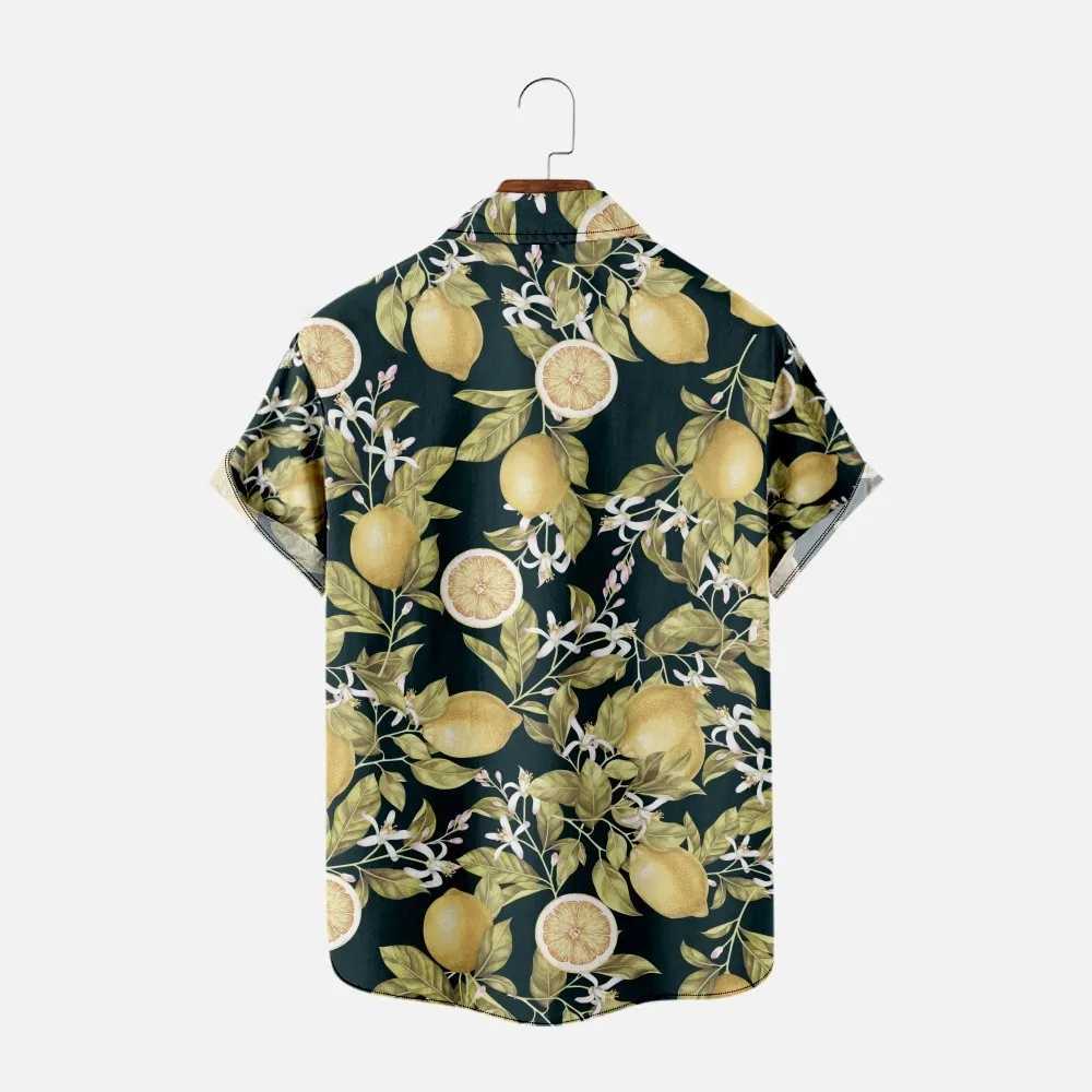 Męskie koszulki w stylu chiński w stylu cytrynowym koszulą krótkie rękawie harajuku streetwear men Hawaiian Letni Hip Hop Button Up Beach Shirt 240424