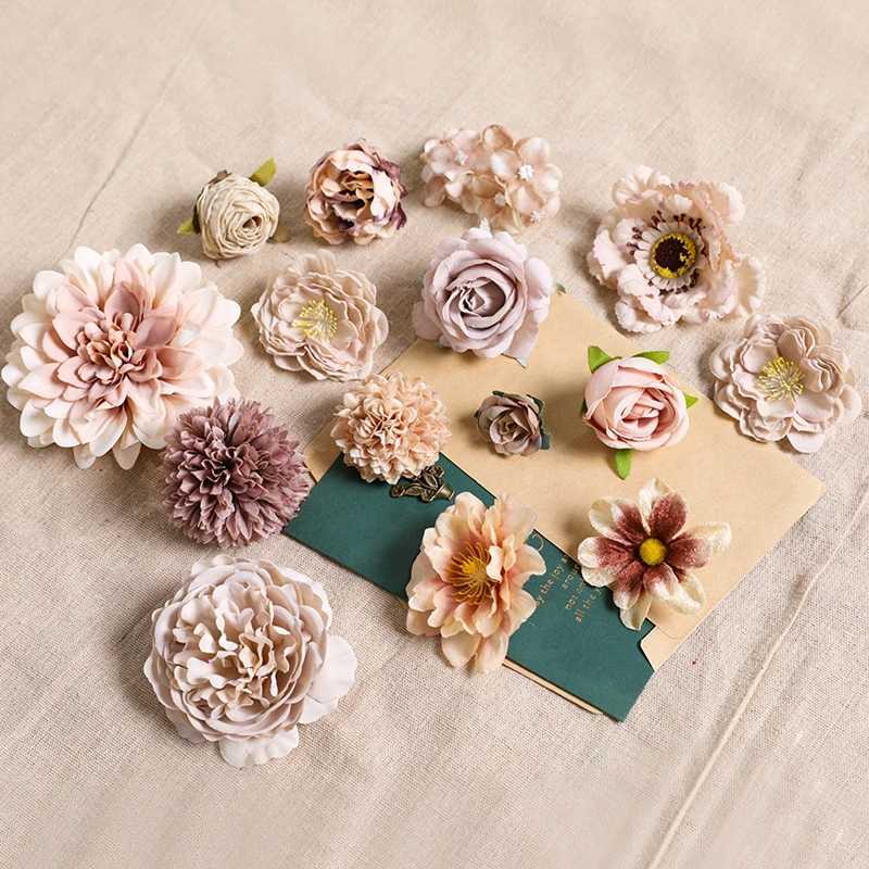 Gedroogde bloemen 5 -stks Champagne Artificial Flowers Heads Bruiloft Decoratie Fake Flowers For Home Decor Diy Christmas Wrans Craft Cadeau Accessoire