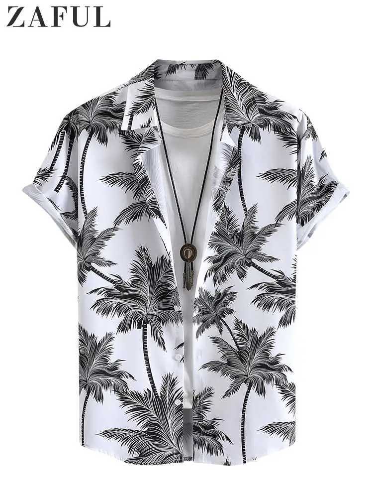 Men's Casual Shirts ZAFUL Hawaiian Shirts for Men Tropical Coconut Tree Print Short Sleeve Shirt Summer Beach Casual Button Vacation Tops Z5037732 240424