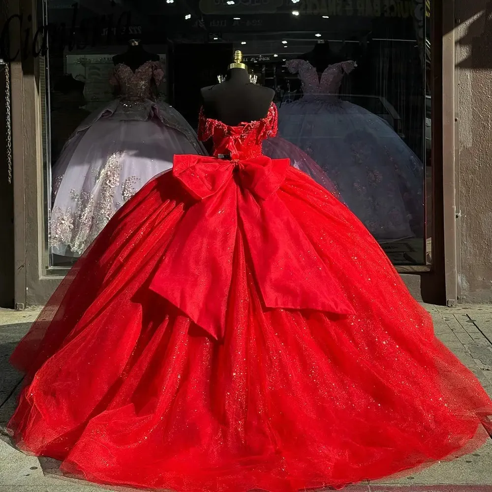 Perle glitter rosse perline perline da ballo in cristallo vestiti da quinceanera dal corsetto a prua spalla Vestidos de 15 anos