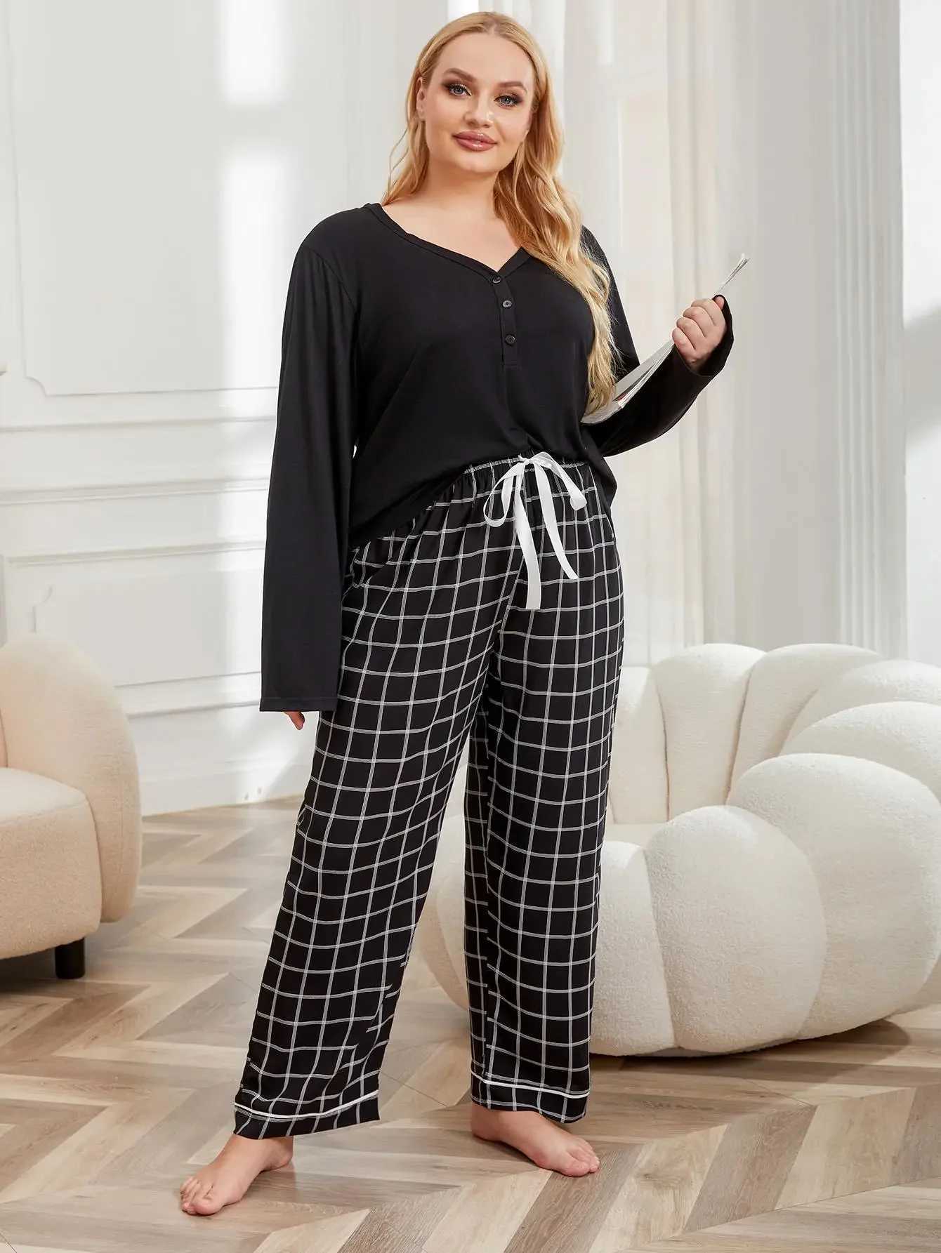 Women's Sleepwear Plus Size Women Pajama Set Solid V Neck Button Top Plaid Drawstring Waist Pants Female Slpwear Nightwear Homewear Y240426