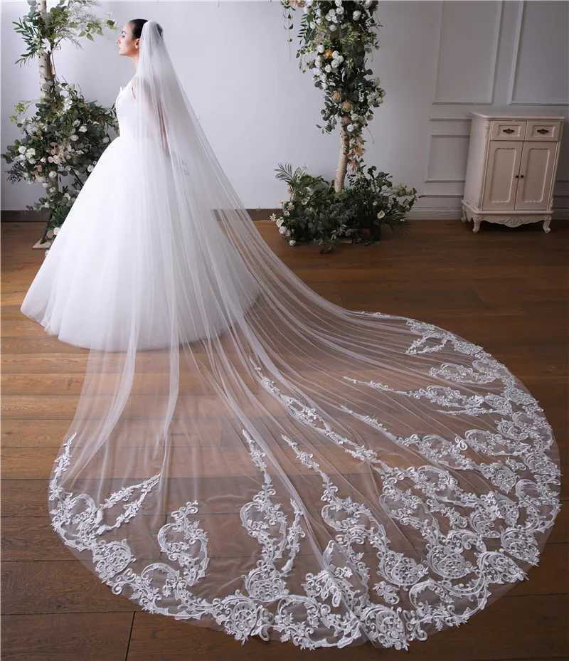 Wedding Hair Jewelry Lace Long Luxury Bridal Veils One Layer White Ivory With Comb Tulle Wedding Veil