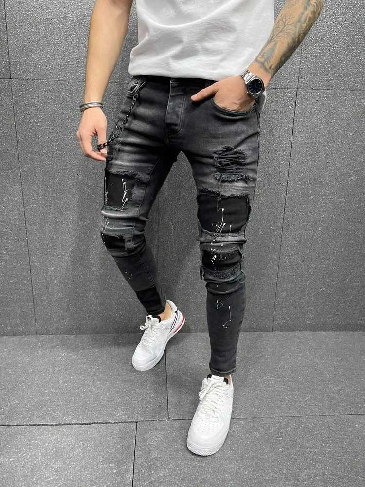 Men's Jeans Black 90% pure cotton mens retro washed tight elastic torn jeans tight hole patches denim Pantalones printed zipper joggerL2404