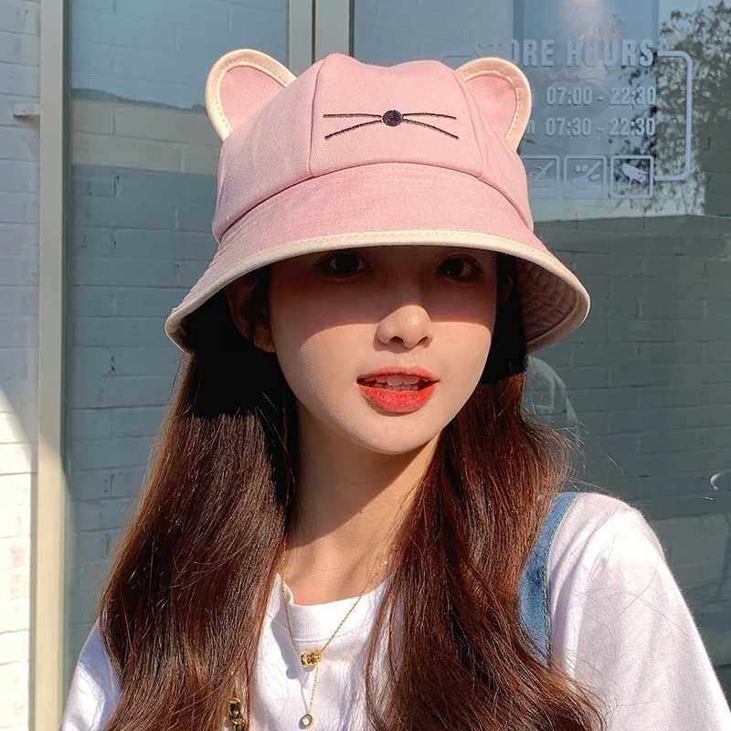 Breda randen hattar hink hattar koreansk tecknad katt öron kvinnor hink hatt vår och sommar kawaii strand turism sol skuggning hatt bred grim ren bomullspanama hatt 240424