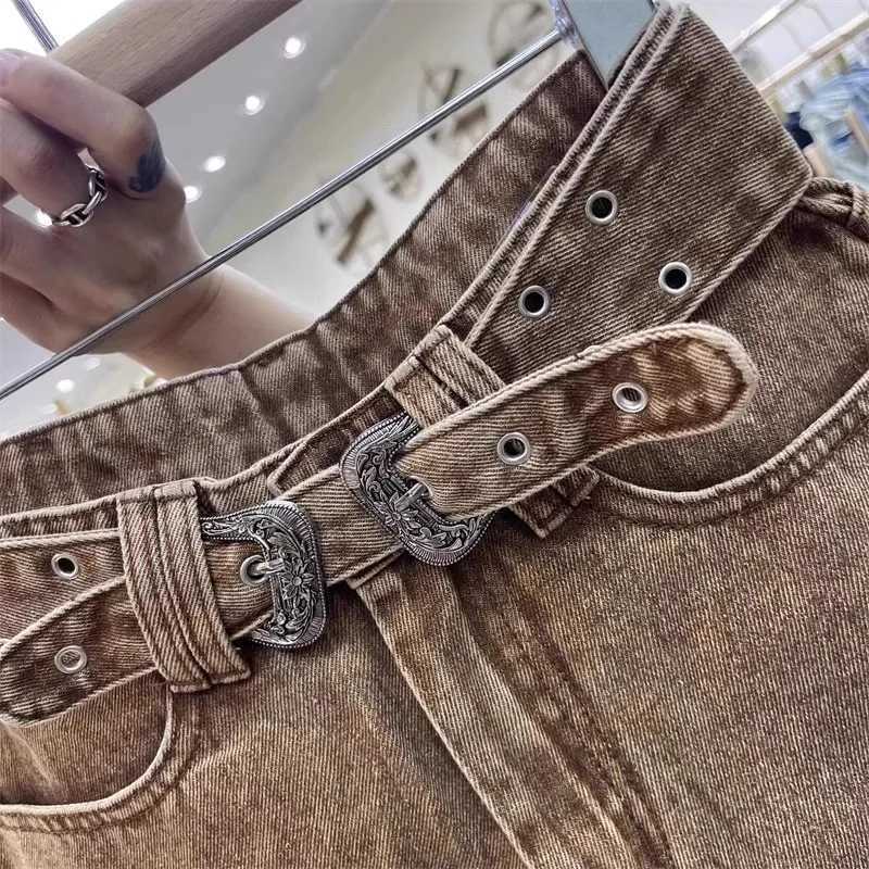 Women's Shorts Retro Brown Shorts with A Cut Waistband High Waist Personalized Fashion Wide Leg Hot Pants Shorts Women Y240425