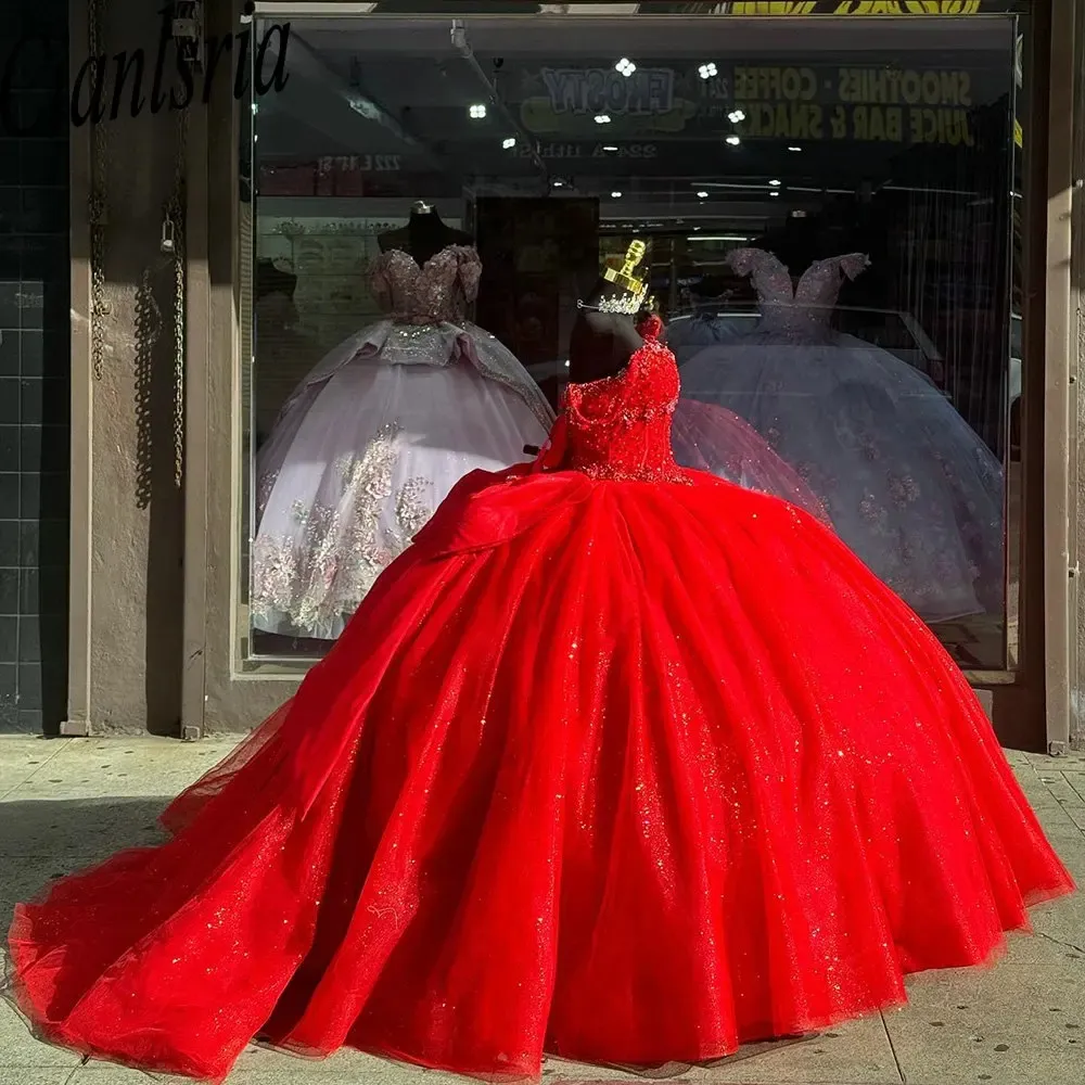 Kırmızı parıltılı inciler boncuk kristal balo elbisesi quinceanera omuz yayı corset vestidos de 15 anos elbiseler