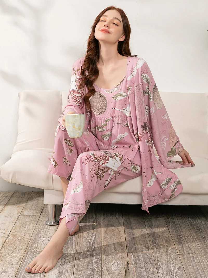Kvinnors sömnkläder plus storlek S-6XL Womens Pyjama Set Cotton Thr-Piece Löst passform med blommigt tryck Löst hemkläder Pyjamas för kvinnor Y240426
