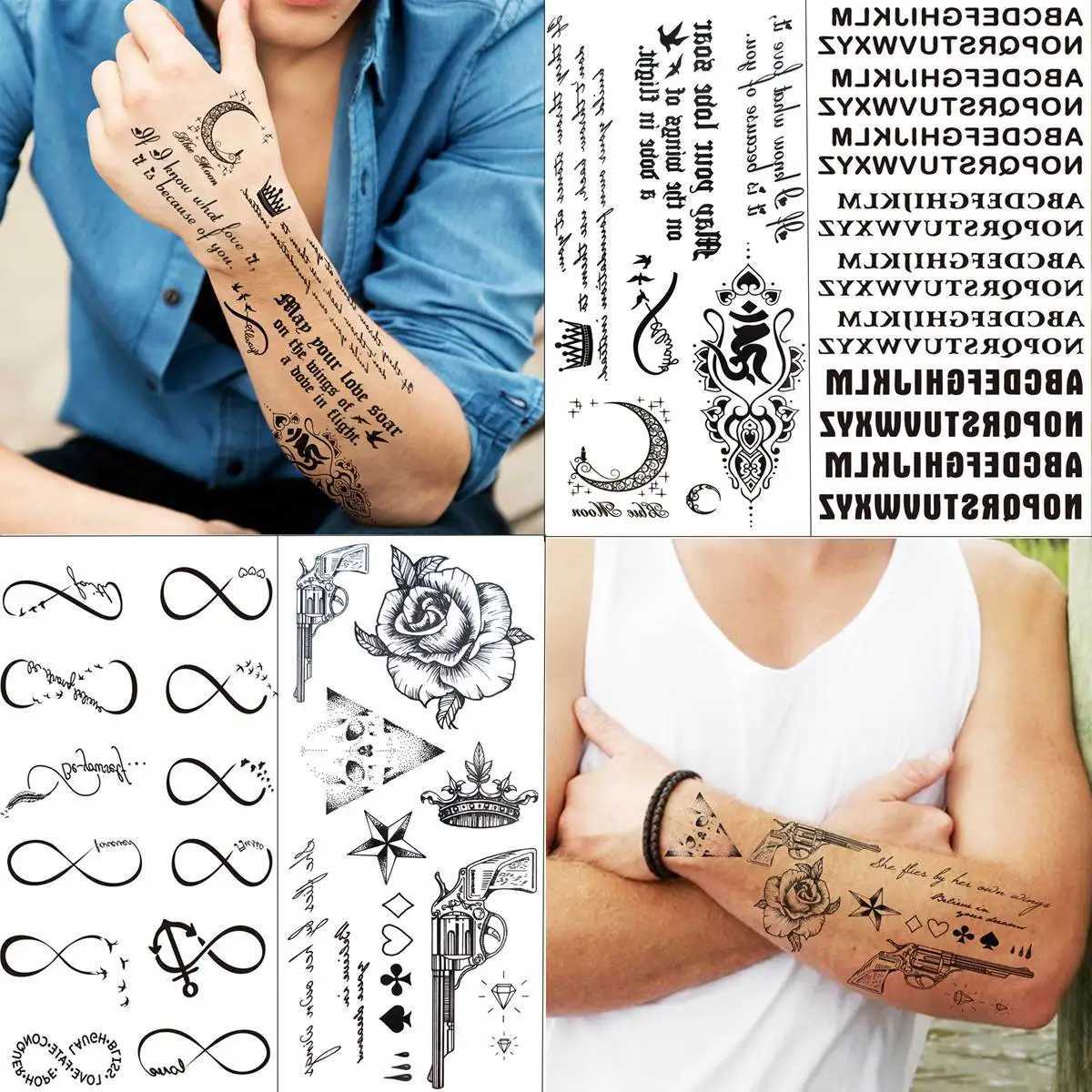 Transfert de tatouage 18 feuilles Inspirational Quotes Mots Tatouages temporaires pour adultes lettre noire faux tatouage petit oiseaux ECG Infinity tatoos pâte 240426
