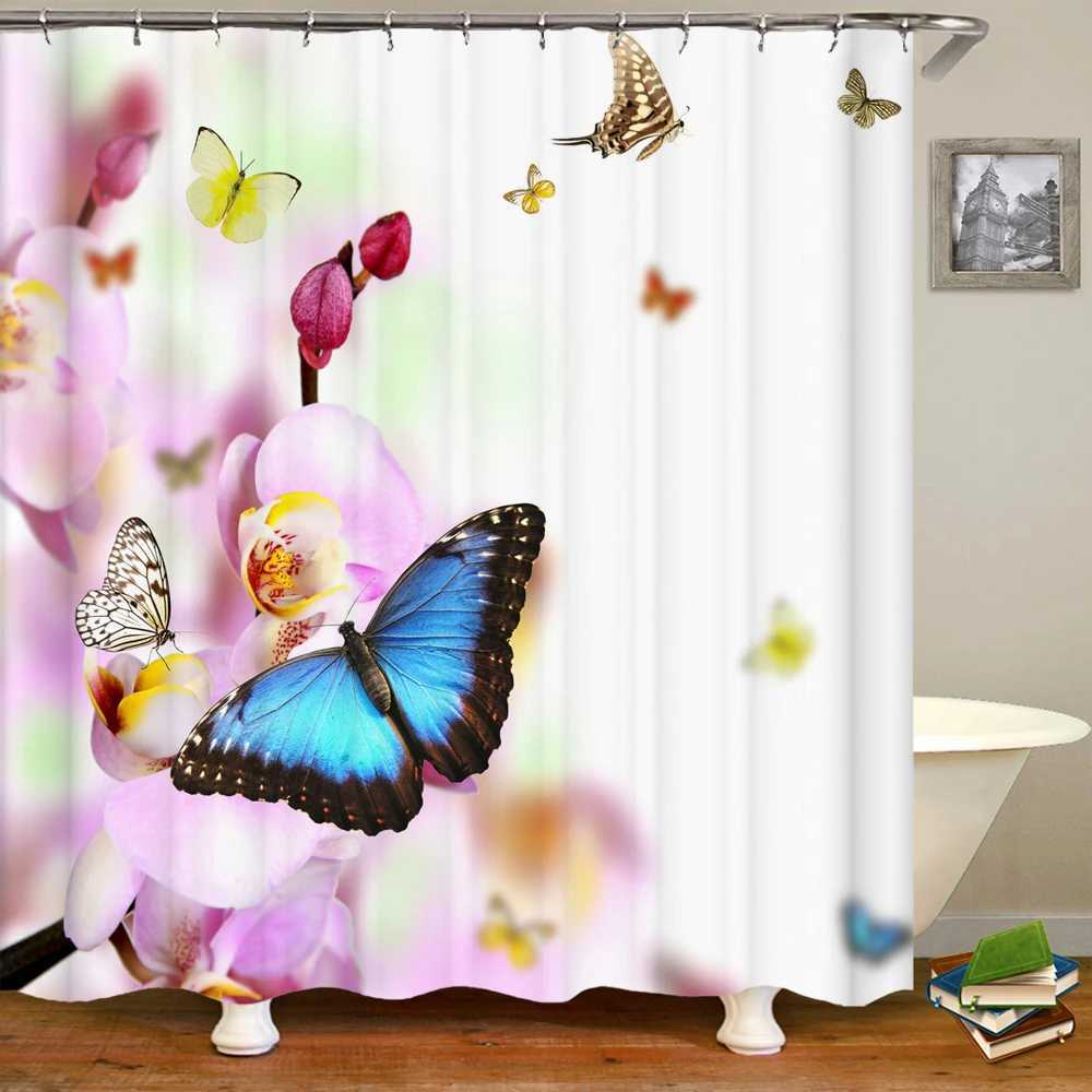 Shower Curtains Beautiful Flower Tulip Rose Butterfly Shower Curtain Bathroom Curtain Printed Waterproof Polyester Fabric Curtain for Bathroom