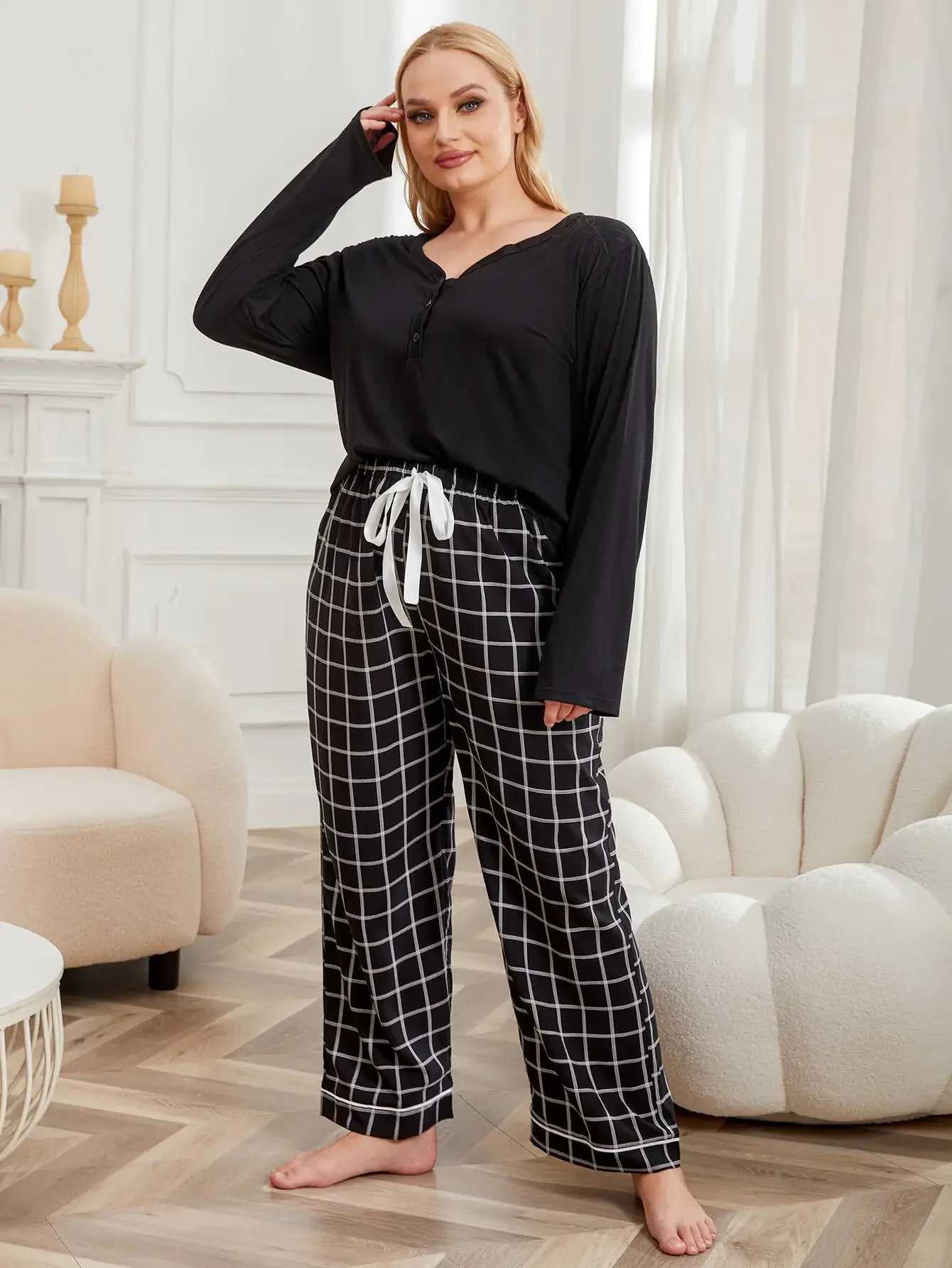 Women's Sleepwear Plus Size Women Pajama Set Solid V Neck Button Top Plaid Drawstring Waist Pants Female Slpwear Nightwear Homewear Y240426